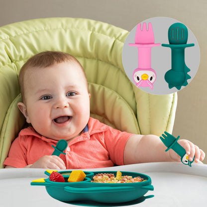 Silicone Suction Plates for Baby Toddler with Spoon Fork set Divided Dinosaurs Plates Self Feeding Training Baby Dinner Plate-Green Dinosaurs Plate Set