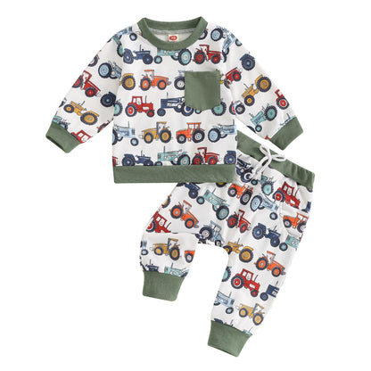 Toddler Baby Boy Fall Winter Outfits Tractor Print Long Sleeve Sweatshirt Pants Set Kids Sweatsuit Clothes
