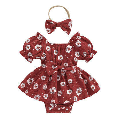 Baby Girls Daisy Romper Bowknot Bodysuit+Headband Short Sleeve Playsuits Floral Jumpsuit Infant Summer Clothes