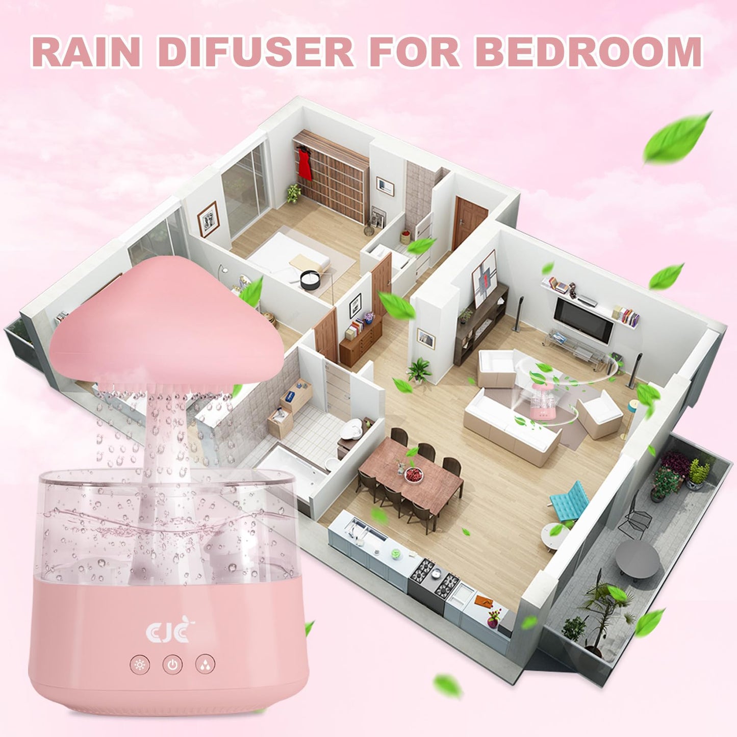 Cloud Rain White Noise Humidifier, Rain Water Drip Diffuser Humidifiers Waterfall Lamp Mushroom Air Humidifier Aromatherapy Essential Oil Diffuser with 7 Colors Night Lights for Home Office Bedroom