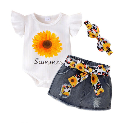 Baby Girl Clothes Newborn Romper Ruffle Sleeve Short Jeans Skirt with Headband Infant Outfits Set 0-18 Months