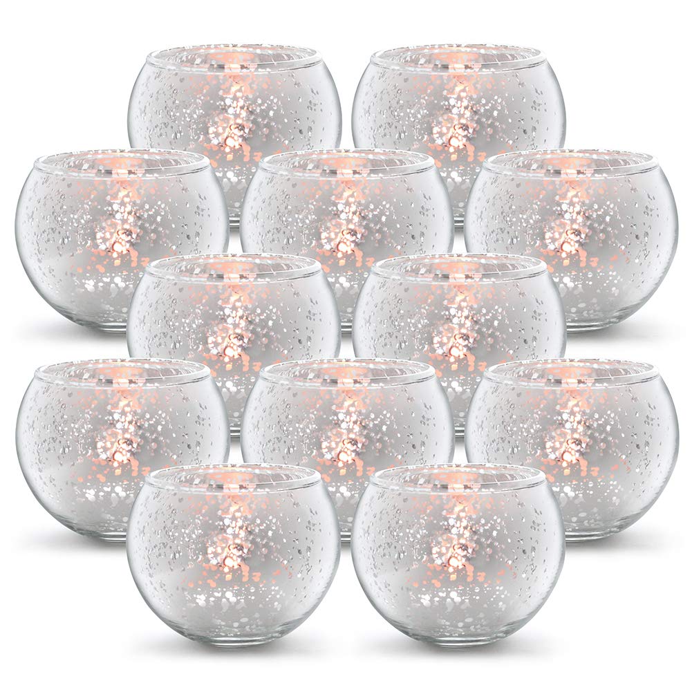 Volens Round Blue Votive Candle Holders Set of 12, Blue Wedding Centerpiece Table Decorations, Mercury Glass Tealight Candle Holder for Bridal Shower, Baby Shower & Home Decor
