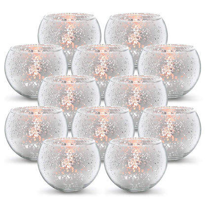 Volens Round Blue Votive Candle Holders Set of 12, Blue Wedding Centerpiece Table Decorations, Mercury Glass Tealight Candle Holder for Bridal Shower, Baby Shower & Home Decor