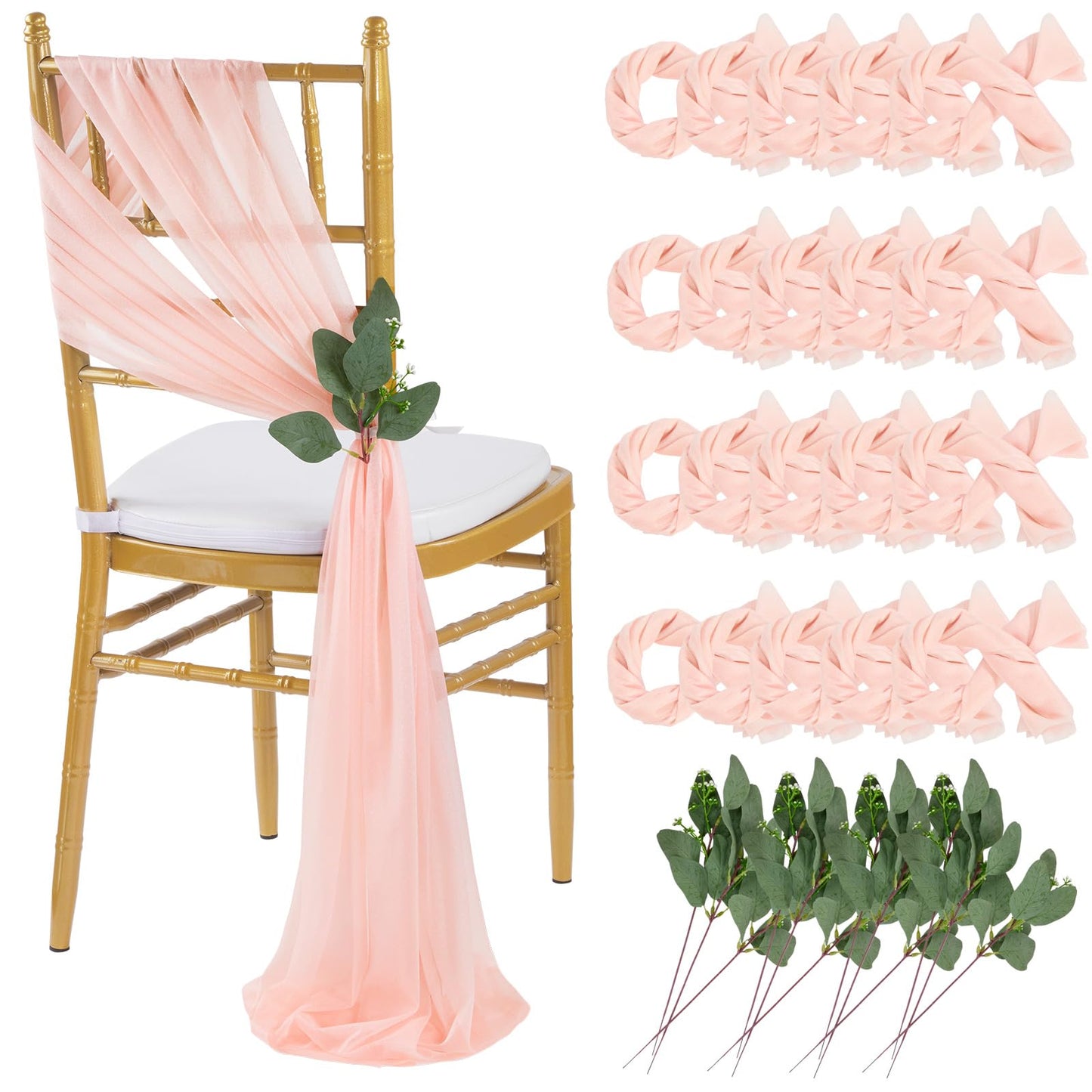 QueenDream Light Blue Sashes Chair Aisle Decorations: 24 Pack Baby Shower Chair Cover 8FT Long Tulle Draping Fabric Wedding Reception Church