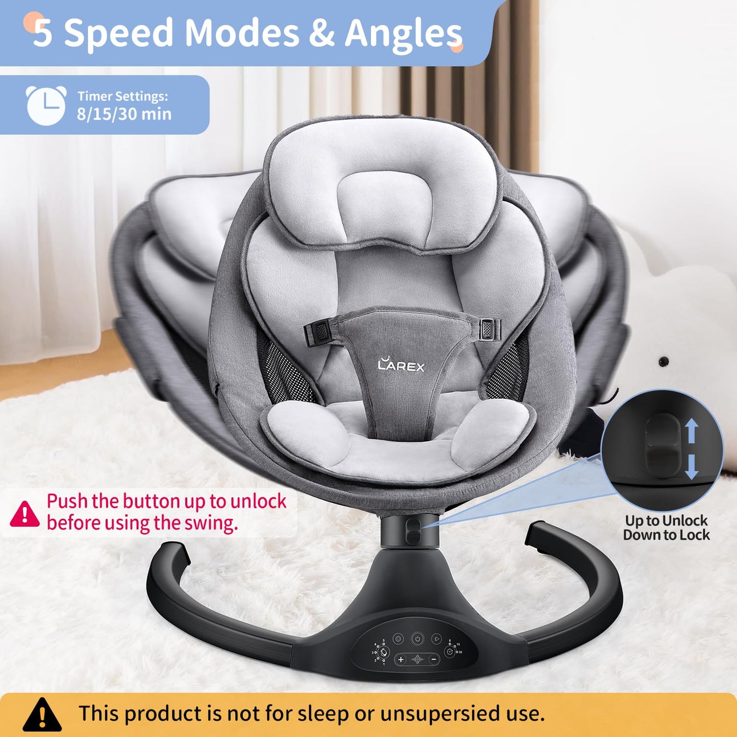 LAREX Baby Swing Infant Swing Electric Toddler Baby Rocker Portable for Newborn Boy Girl, 5 Sway Speeds with Remote Control, 10 Preset Melodies and Bluetooth, 0-6 Months Max 20 Lbs (Pink)
