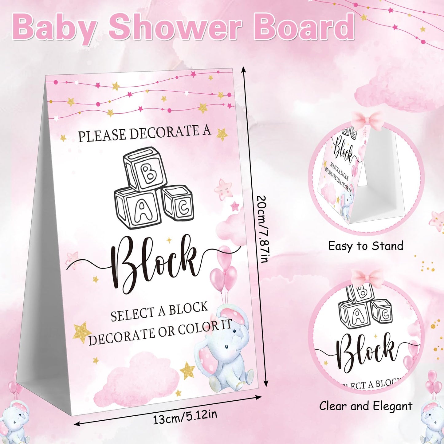 Marsui 136 Pcs Baby Shower Blocks to Decorate Game Kit Includes 98 Wooden Blocks, 36 Markers, 1 Game Sign, 1 Storage Box for Baby Shower Gender Reveal Activity Party Decorations(Pink Elephant)