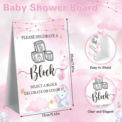 Marsui 136 Pcs Baby Shower Blocks to Decorate Game Kit Includes 98 Wooden Blocks, 36 Markers, 1 Game Sign, 1 Storage Box for Baby Shower Gender Reveal Activity Party Decorations(Pink Elephant)