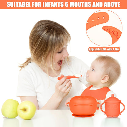 Silicone Baby Feeding Set 11 Piece, Baby Led Weaning Feeding Supplies, Strong Suction Bowl & Suction Plate, Adjustable Bibs, 4-in-1 Cup, Silicone Spoon & Fork, Food-grade Silicone (Green)