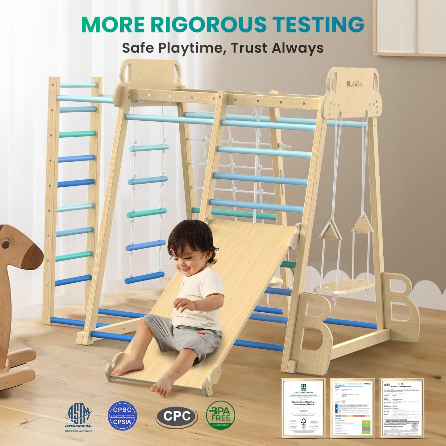 Upgraded Indoor Playground 9-in-1 Jungle Gym Kids Climbing Toys, Montessori Philosophy Waldorf Style Wooden Climber Playset with Slide, Swing, Monkey Bars, Upright/Rope Ladder, Climb Net, Rainbow