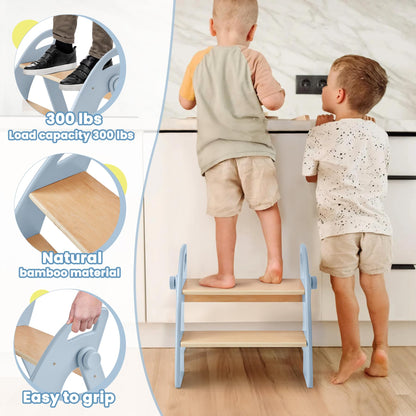 Wooden Step Stool, Two Step Stools, 300 lb. Load Capacity, with Safety Non-Slip Pads and Handles, Bamboo Step Stool for Bathroom and Kitchen, Children's Double Height Step Stools(Pink)