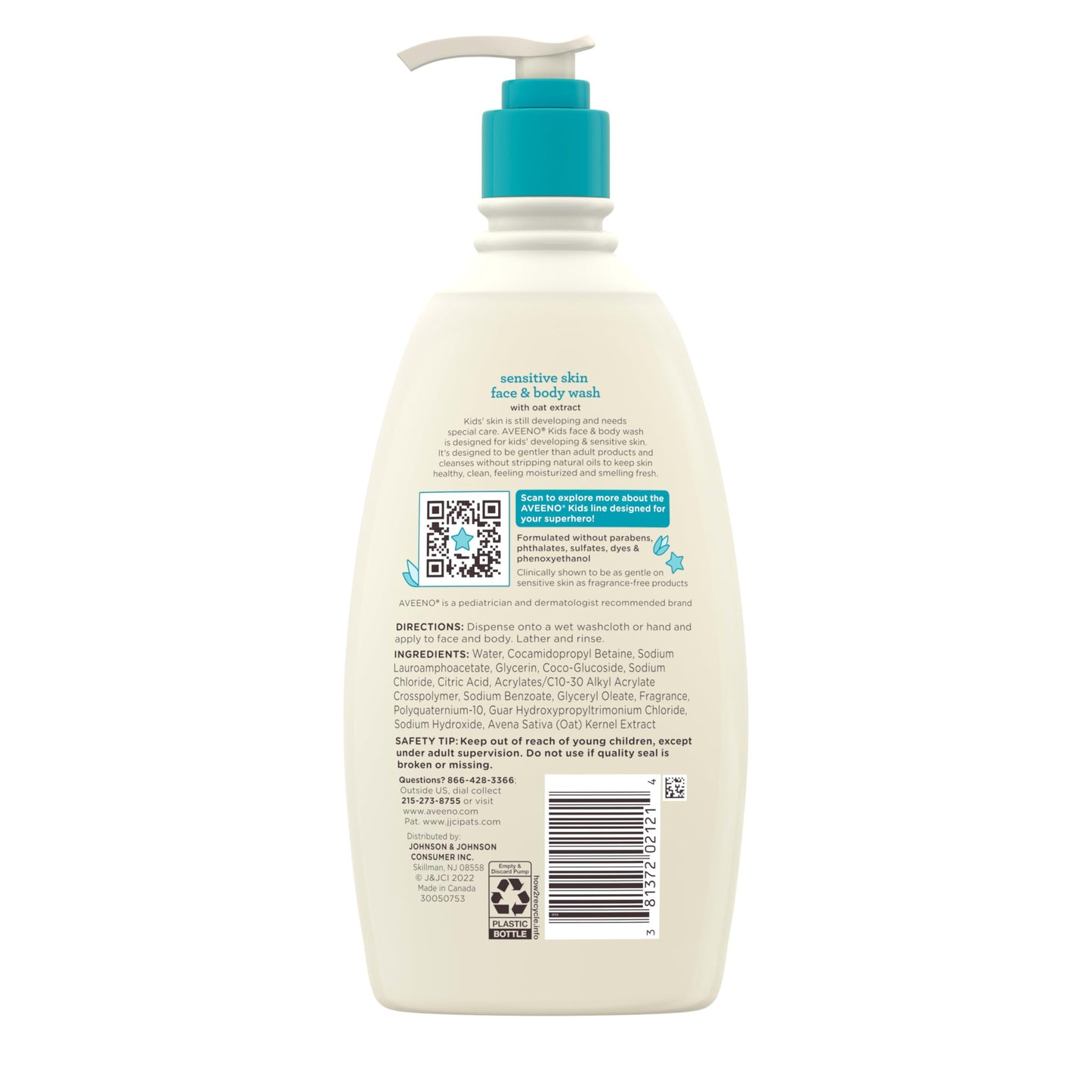 Aveeno Kids Sensitive Skin Face & Body Wash With Oat Extract, Gently Washes Away Dirt & Germs Without Drying, Tear-Free & Suitable for All Skin Tones, Hypoallergenic, 18 fl. oz