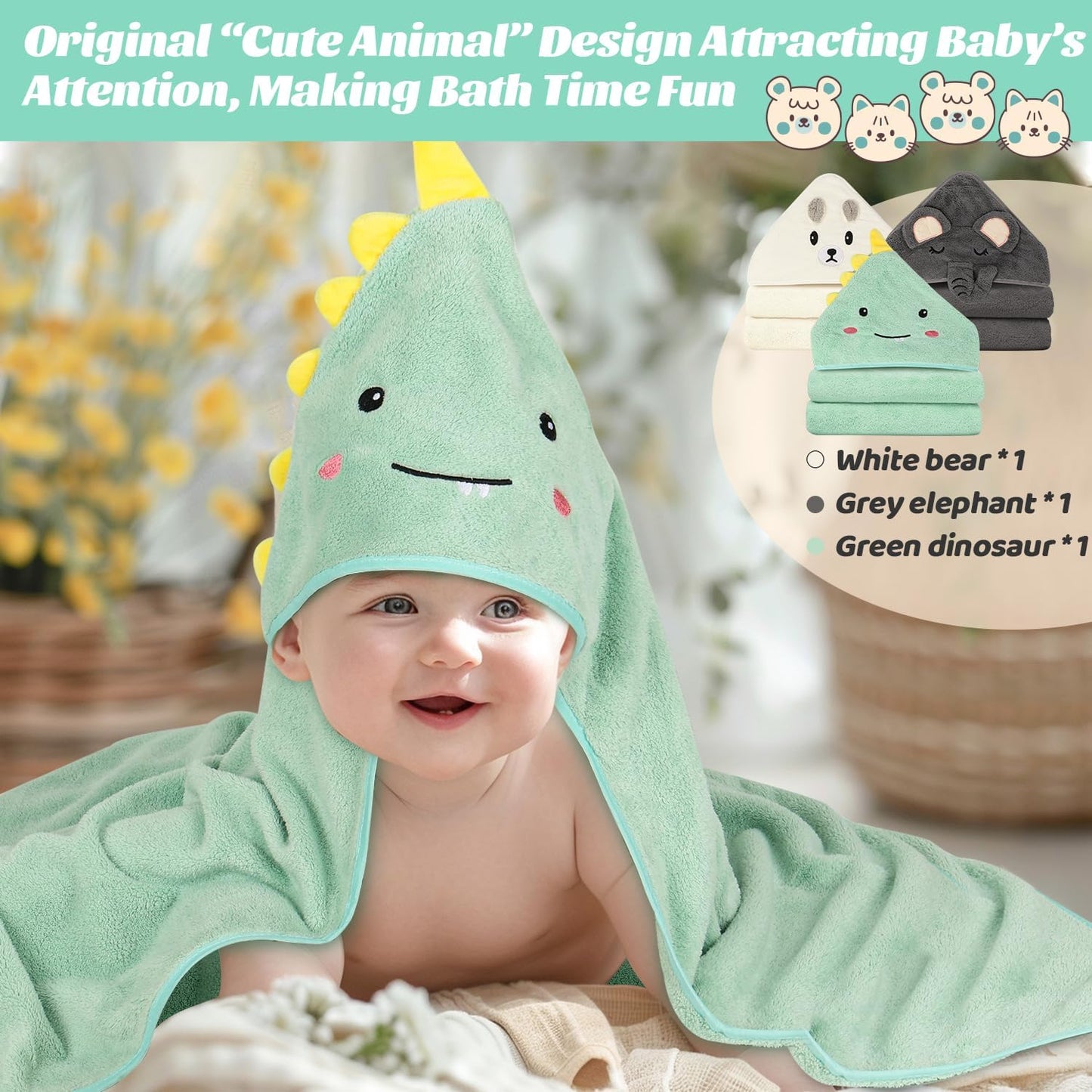31x31 Inch Baby Hooded Towels, 12Pcs Bath Towels for Boys, Washcloth Set with Cute Design, Shower Towel Gift for Newborns, Infants and Toddlers