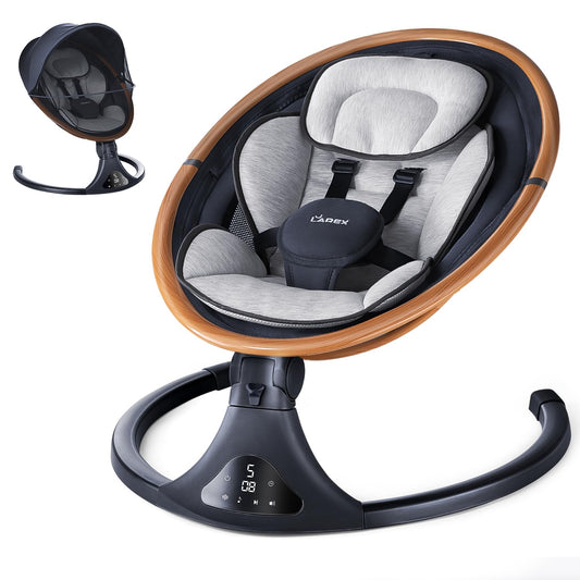 LAREX Baby Swing to Toddler Electric Infant Swing Portable for Newborn Boy Girl, 5 Sway Speeds with Remote Control, 12 Preset Melodies and Bluetooth, 0-6 Months Max 20 Lbs(Dark Wood Grain)