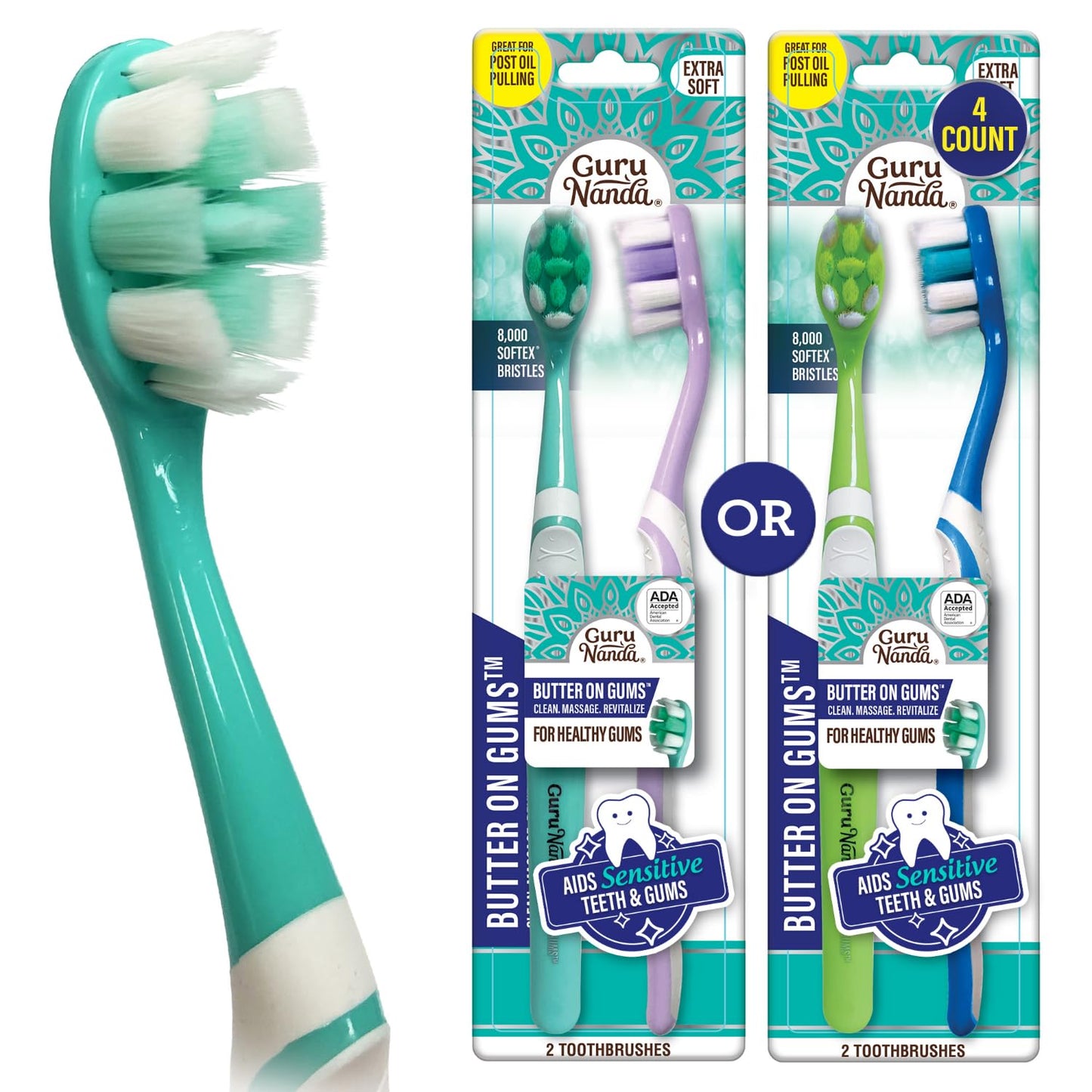 GuruNanda Butter On Gums Toothbrush, ADA Accepted, with 8000+ Ultra Soft Softex Bristles for Sensitive & Receding Gums, Perfect for Whiter Teeth, 8 Ct