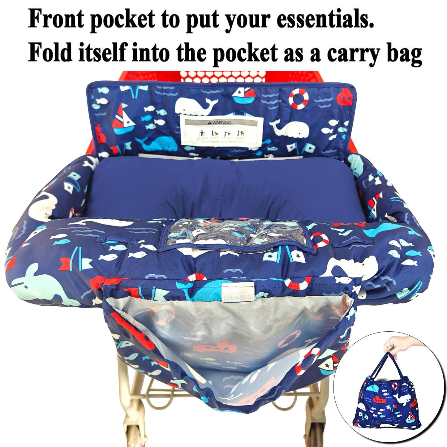 Soft Pillow Attached 2-in-1 Shopping Cart and High Chair Cover for Baby, Cotton Padded Cart Cover, Fold'n Roll Style, Portable with Carry Bag (Blue Elephant)
