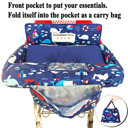 Soft Pillow Attached 2-in-1 Shopping Cart and High Chair Cover for Baby, Cotton Padded Cart Cover, Fold'n Roll Style, Portable with Carry Bag (Blue Elephant)