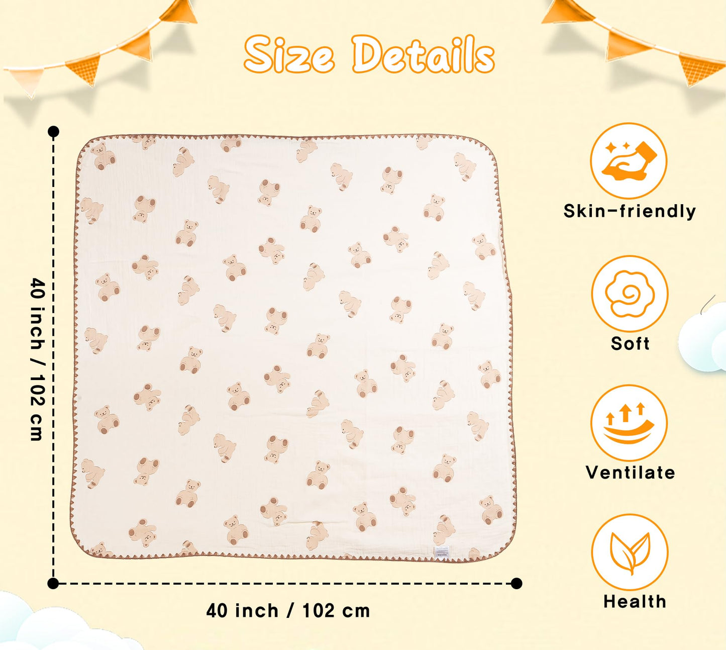 Baby Blanket Double Layer Cotton 40 x 40 Soft Receiving Blanket with Pattern Machine Washable Brown Bear