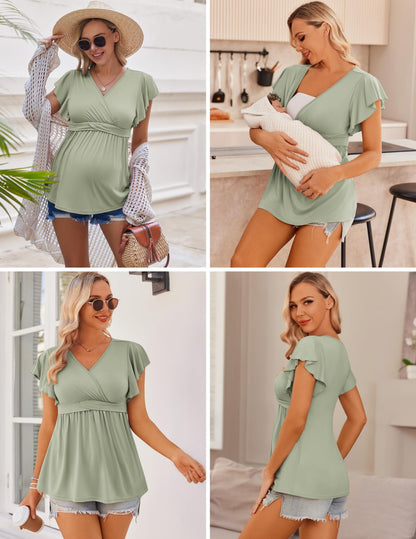 Ekouaer Maternity Shirts 3 Packs Flying Short Sleeve Nursing Tops Pregnancy Clothes