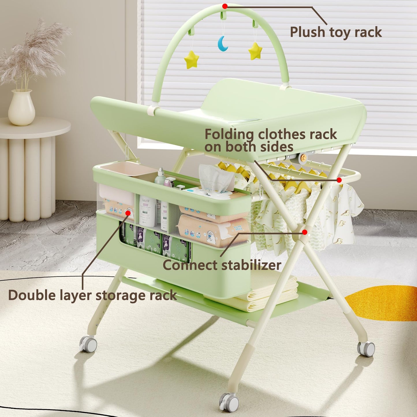 Foldable Portable Changing Table for Baby,Upgraded Style Baby Portable Diaper Changing Station with Wheels,Nursery Five Level Adjustable Height Changing Table with Organizer Storage(Green)