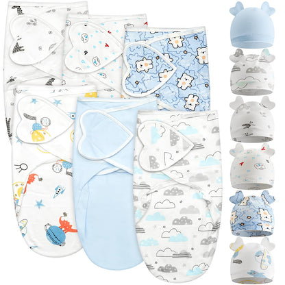 Ramede 6 Pack Baby Swaddle Blanket with Hats Sleep Swaddle for 0-3 Months Newborn Sacks Soft Cotton Wearable for Boy Girl
