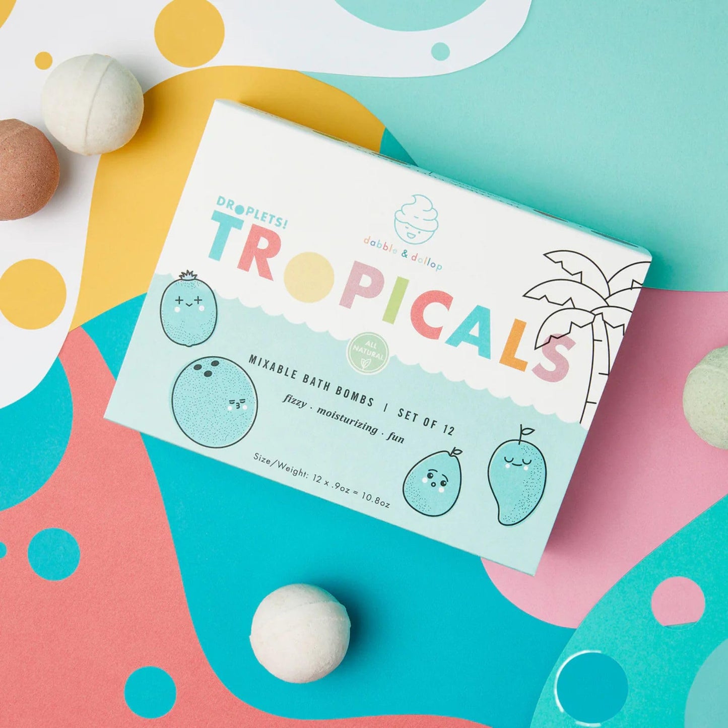 Dabble & Dollop Bath Bombs, 100% Natural Bath Bombs for Kids, Tropical Scents - USA Made, Moisturizing & Fun Droplets, Paraben & Sulfate Free, Vegan, Gluten-Free (Set of 12)