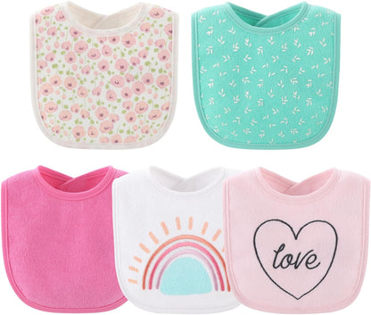 The Peanutshell Baby Girl Terry Bib Set of 10-100% Cotton, Soft, Absorbent Baby Bibs for Girls, Toddler Baby Girl Bibs Set, Newborn & Infant Bib - Rainbow Floral
