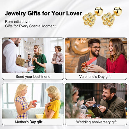 18K Gold Plated Sterling Silver Cubic Zirconia Screw Back Small Trendy Dainty Cute Flower Stud Earrings for Women with Jewelry Rose Box