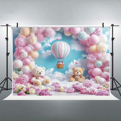 Pink Bear Hot Air Balloon Backdrop Girl Bear Balloons Baby Shower Background Girl 1st Birthday Party Banner Newborn Baby Shower Party Cake Table Decoration Photo Booth Props(Pink, 7x5ft)