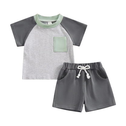 fhutpw Baby Toddler Boy Clothes Summer Outfits 6 12 18 24 Months Patchwork Short Sleeve T Shirt & Shorts Sets with Pockets