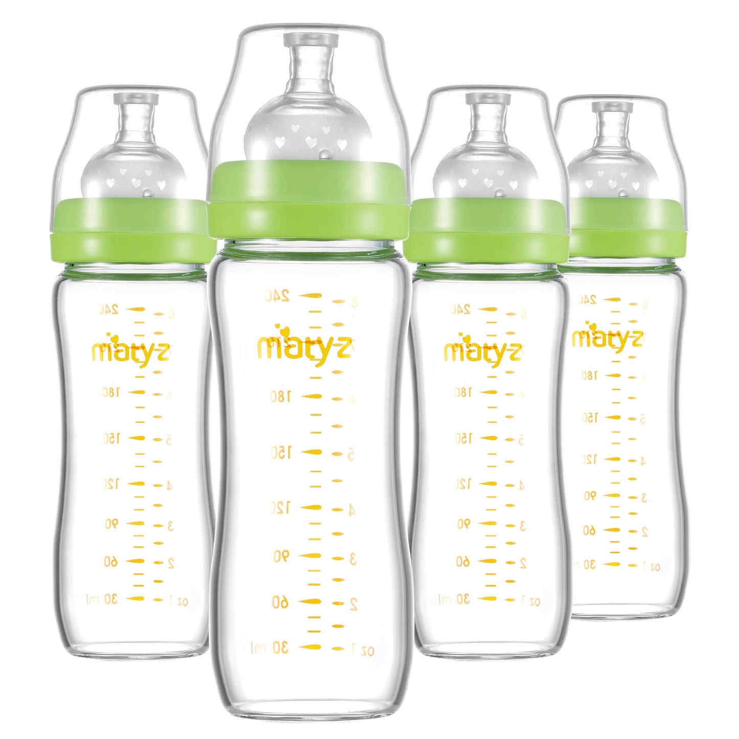 Matyz 8 Ounce Glass Baby Feeding Bottle With Nipple - Light and Slim, Easy to Hold and Clean - Food Grade Borosilicate Glass, Wide Neck for Breastmilk Feeding, No BPA (Pink Lids)