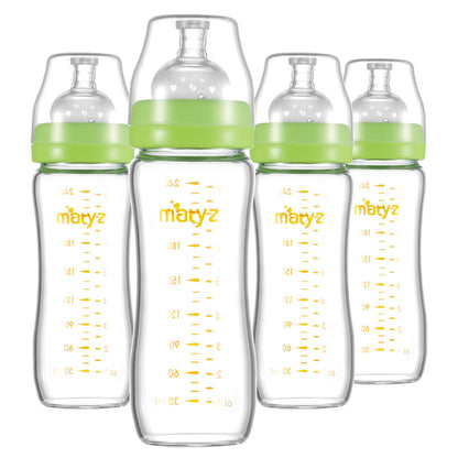Matyz 8 Ounce Glass Baby Feeding Bottle With Nipple - Light and Slim, Easy to Hold and Clean - Food Grade Borosilicate Glass, Wide Neck for Breastmilk Feeding, No BPA (Pink Lids)