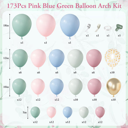 Amandir 173Pcs Pink Blue Green Balloon Arch Garland Kit, Dusty Baby Pink Mauve Pastel Mist Haze Green Blue Gold Confetti Balloons for Baby Shower Gender Reveal Wildflower Birthday Party Decorations