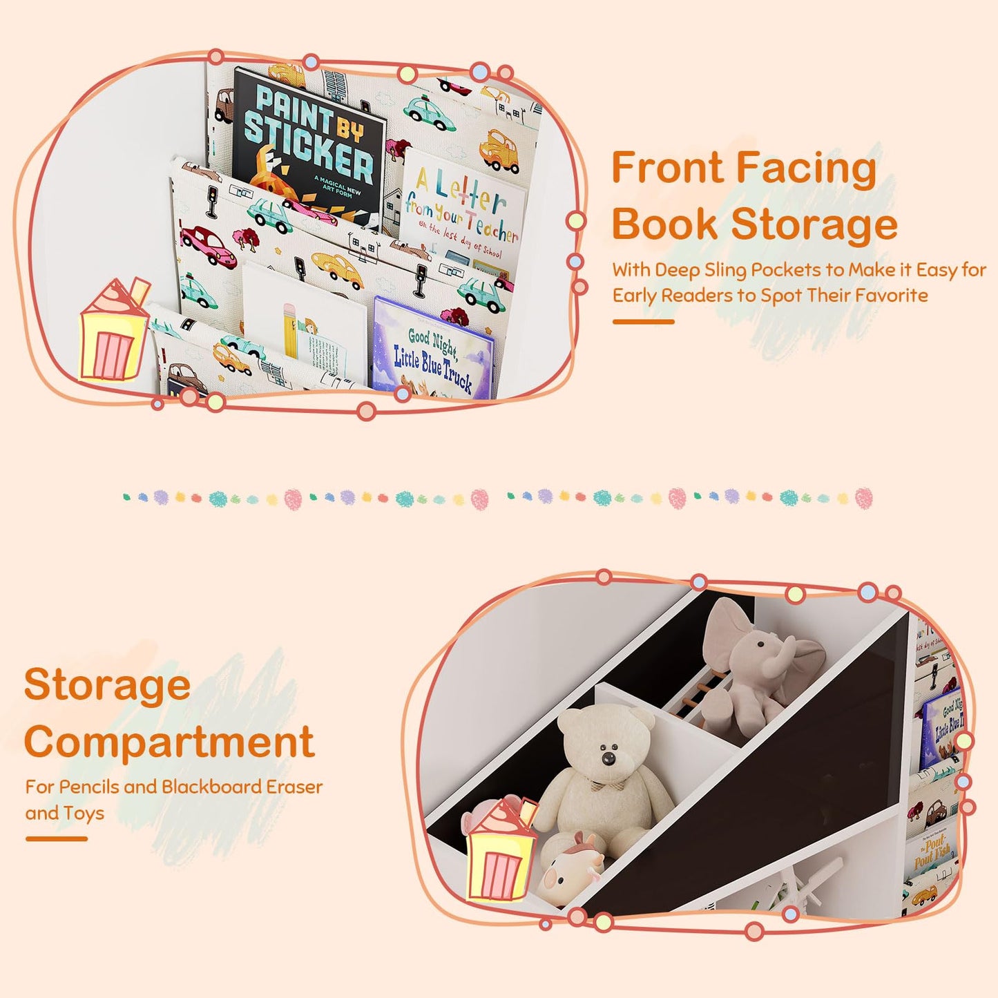 White Kids Bookshelf Wood Toy Storage Organizer Cabinet Children Bookcase Toddler Baby Sling Book Rack 3 Cube Bins Fabric Drawers for Playroom Bedroom Nursery School