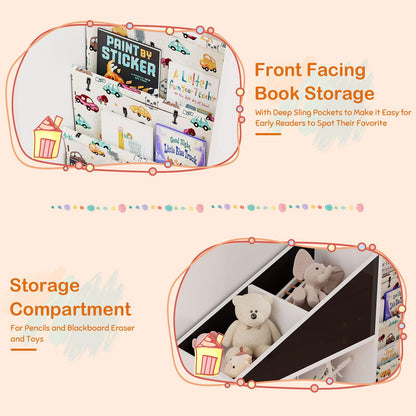 White Kids Bookshelf Wood Toy Storage Organizer Cabinet Children Bookcase Toddler Baby Sling Book Rack 3 Cube Bins Fabric Drawers for Playroom Bedroom Nursery School