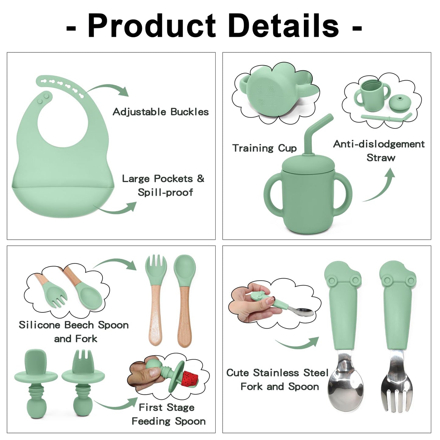 Silicone Baby Feeding Set, 10PCS Baby Led Weaning Supplies with Suction Bowl and Divided Plate, Bib Baby Cup Spoons Forks -Baby Feeding Essentials for 6+ Months