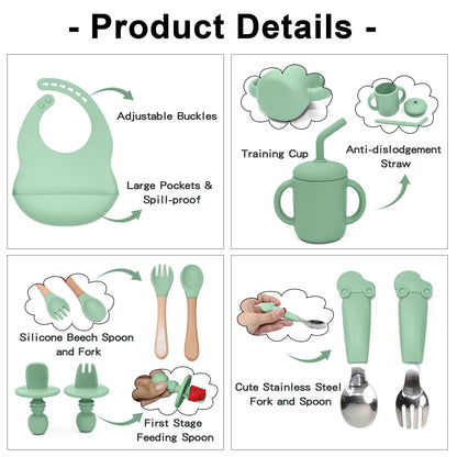 Silicone Baby Feeding Set, 10PCS Baby Led Weaning Supplies with Suction Bowl and Divided Plate, Bib Baby Cup Spoons Forks -Baby Feeding Essentials for 6+ Months