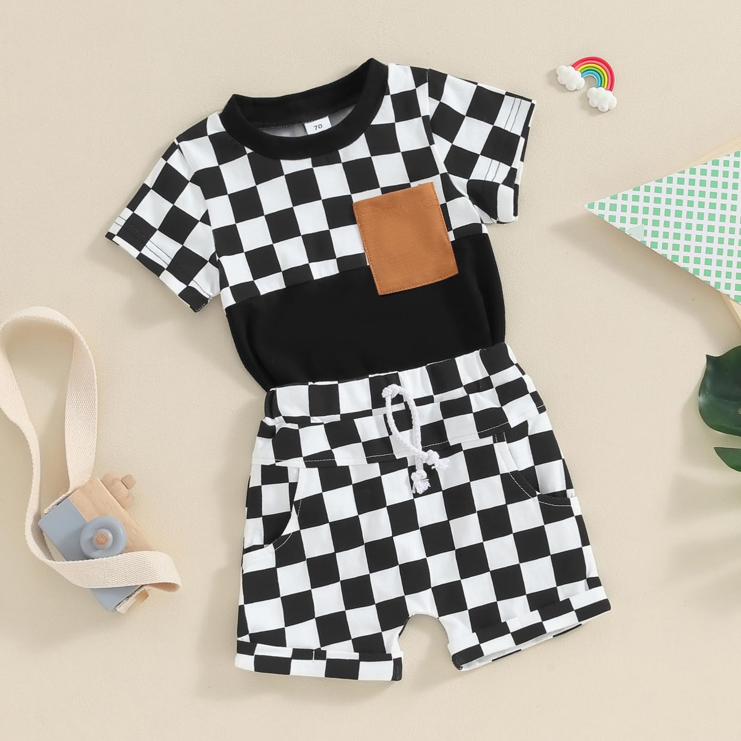 Toddler Baby Boy Summer Clothes Set Short Sleeve Checkered Tops & Shorts Novelty Color Block Outfits