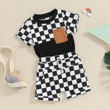 Toddler Baby Boy Summer Clothes Set Short Sleeve Checkered Tops & Shorts Novelty Color Block Outfits