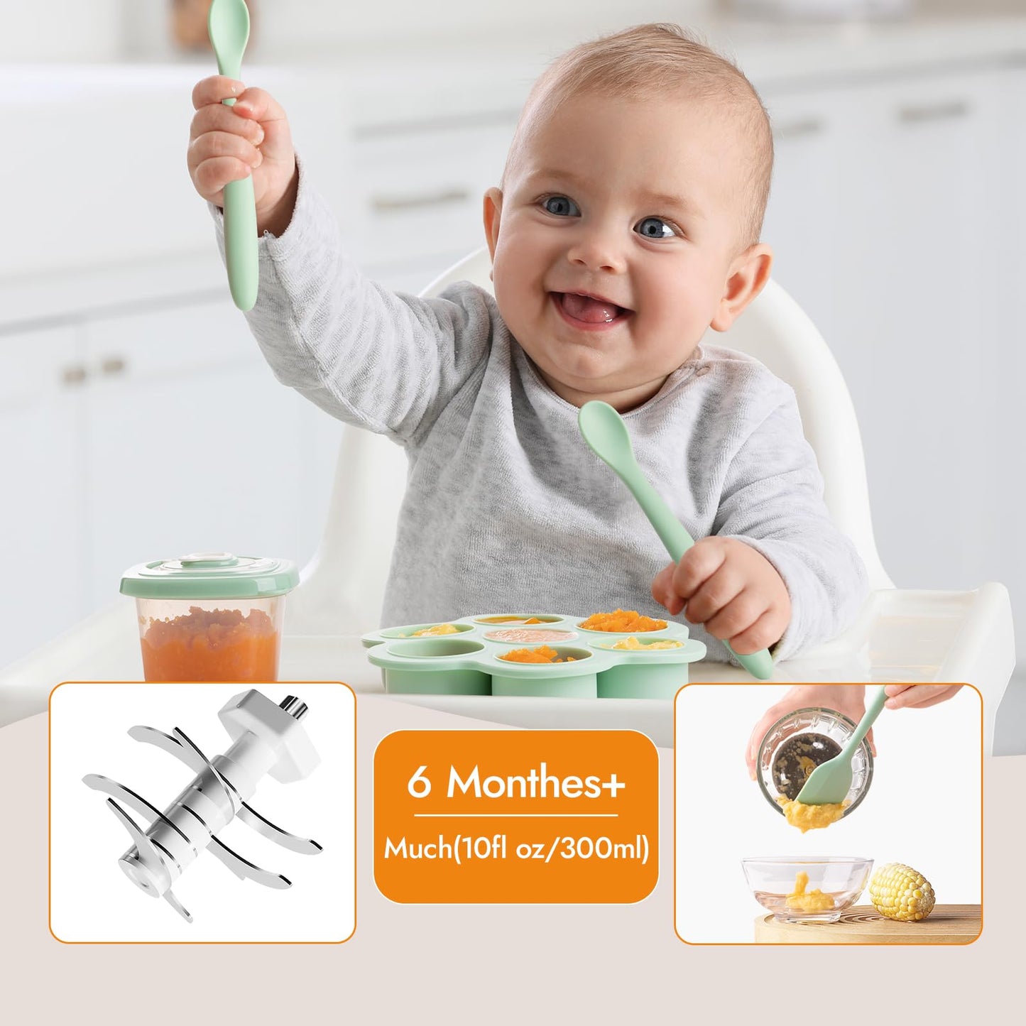 NCVI Puree Baby Food Processor Glass Set, Mini Infant Food Maker Blender Machine with 8 Blades and Grinding Disc, Small Blender for Baby Food Including Containers, Silicone Tray and Tableware