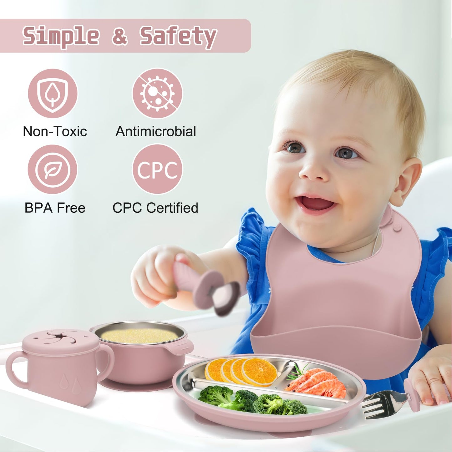 Baby Weaning Bundle, Silicone Baby Feeding Set, Comes with Detachable Silicone Stainless Steel Toddlers Plate and Bowl set, Baby Bib and 2-in-1 Water Cup and spoons (Blue)
