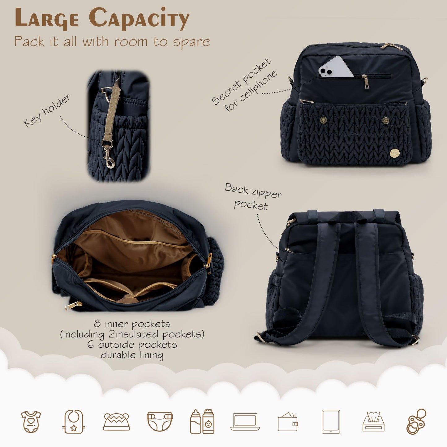 Diaper Bag BackPack Large Capacity Travel Mommy Bag Waterproof and Stylish with Changing Pad Baby Bag for Women and Girls