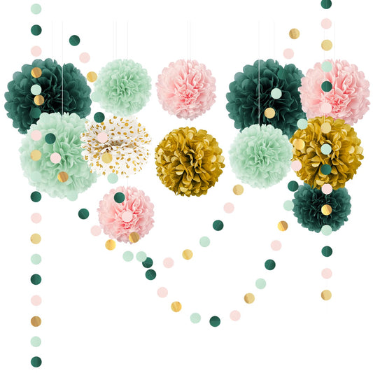 AOBKIAT Wedding Baby Shower Decorations Set,15PCS Pink Gold Tissue Paper Pom Poms,Circle Dots Colorful Paper Garland String Hanging Backdrop for Birthday Party,Gender Reveal Celebration Decor
