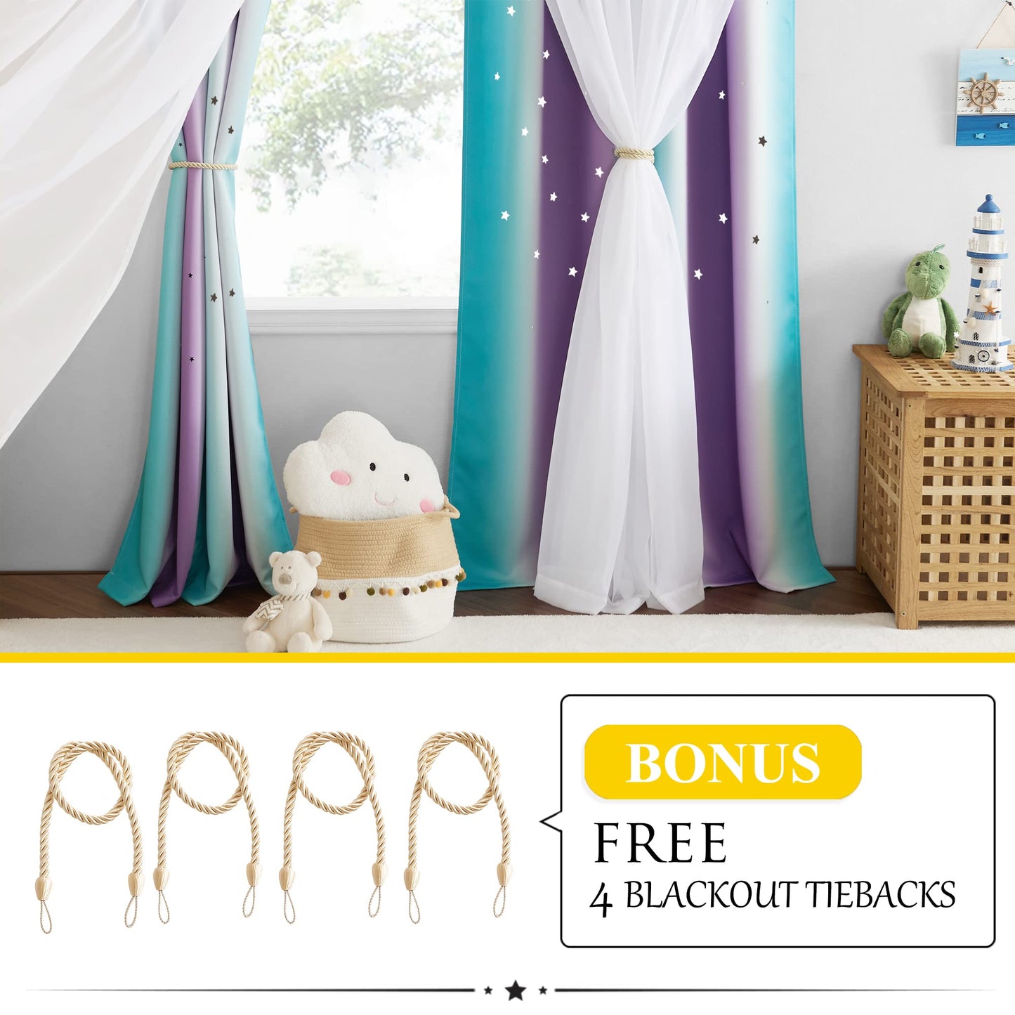 NICETOWN Nursery Curtains for Kids, Farmhouse Blackout Curtain Panels for Bedroom, Double Layer Star Hollow-Out Grommet Aesthetic Living Room Toddler Window Curtains, 2 Pcs, W52 x L84, Biscotti Beige