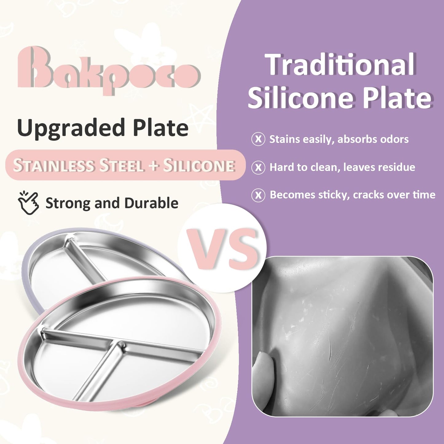 Stainless Steel Baby Plate with Suction, 9” Divided Toddler Plates with Removable Silicone Sleeves for Kids, Non-Toxic Non-Slip Unbreakable Dishwasher Safe Dinnerware Set of 2, Pink & Beige
