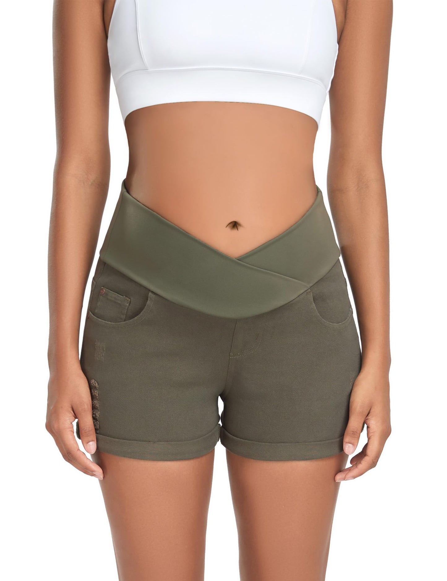HOFISH Women's Maternity Jeans Shorts Over The Belly Stretchy Comfy Denim Shorts Pants Casual Workout Pregnancy Shorts