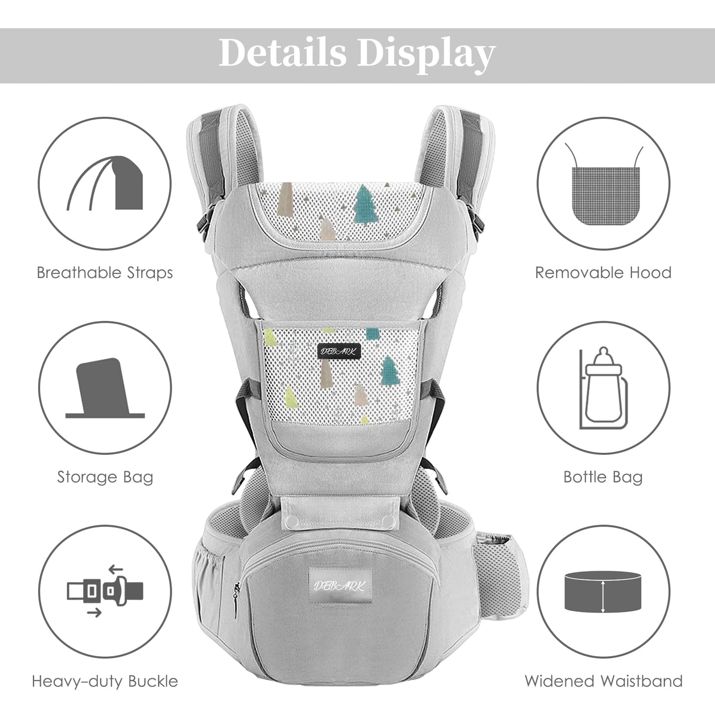 Baby Carrier Newborn to Toddler - Debark Baby Carrier with Hip Seat, 6-in-1 Adjustable Detachable Ergonomic Infant Carrier for Babies from 0-36 Months, Ideal for Baby Travel Essentials (Grey)