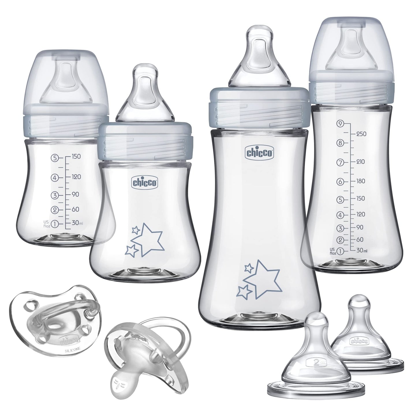 Chicco Duo 5oz. Hybrid Baby Bottle with Invinci-Glass Inside and Plastic Outside | Dishwasher, Bottle Warmer, and Electric Sterilizer Safe | Intui-Latch Nipple | Clear/Grey, 2pk