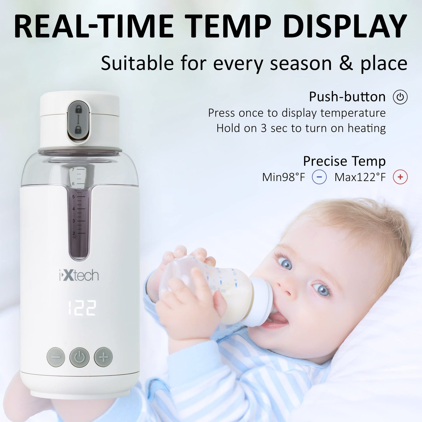 IXTECH Portable Water Warmer for Baby Formula, Milk Warmer for Travel, 10 oz., Electric Warming with Adjustable Temperature Control, Leak-Resistant Spout, Rechargeable and Wireless