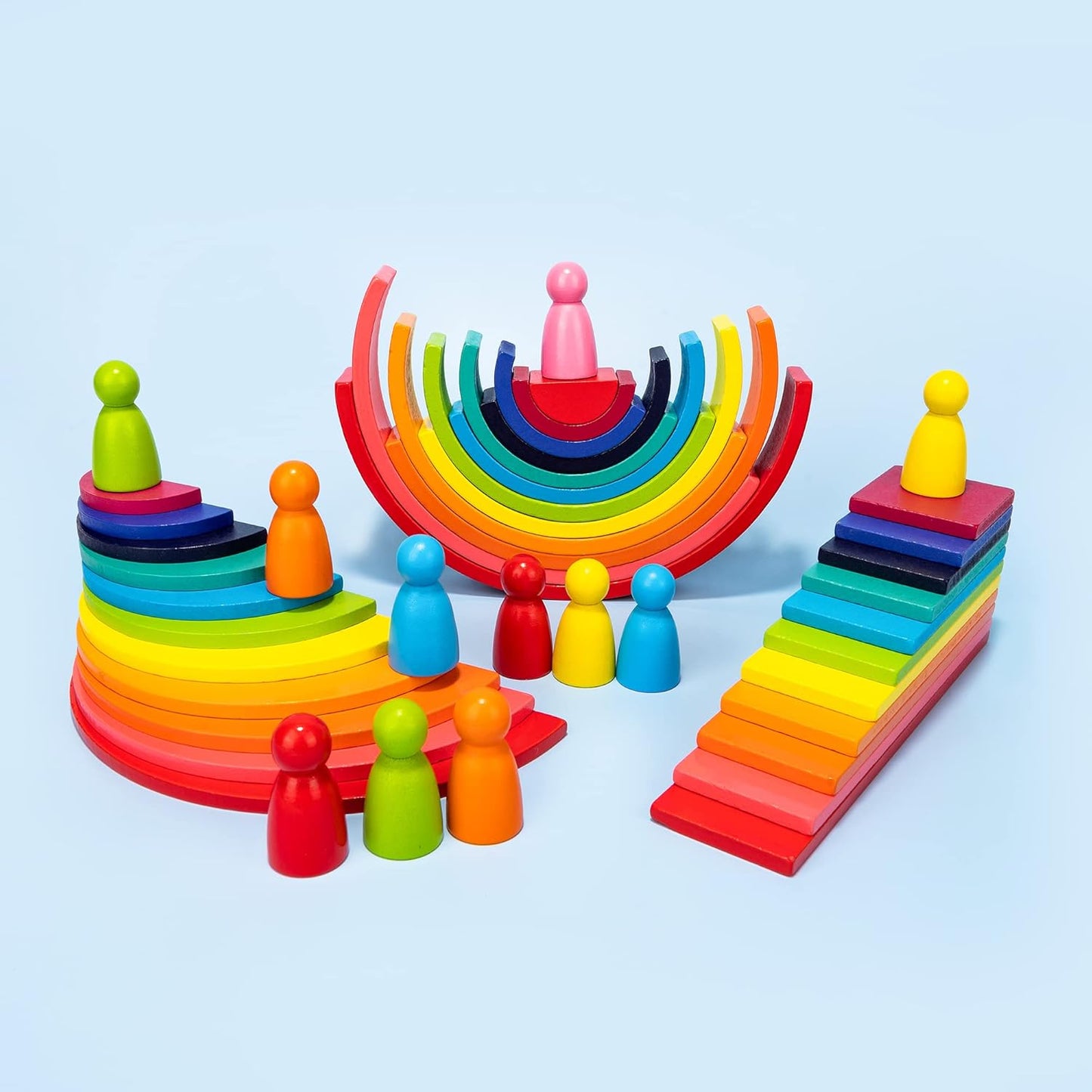 Wooden Rianbow Stacker Playset, 4-in-1 Rainbow Stacking Toys Building Blocks for Kids Ages 3 4 5 Preschool Montessori Toys Christmas Birthday Gifts for Toddlers Boys Girls 3-5 (45 Pieces)