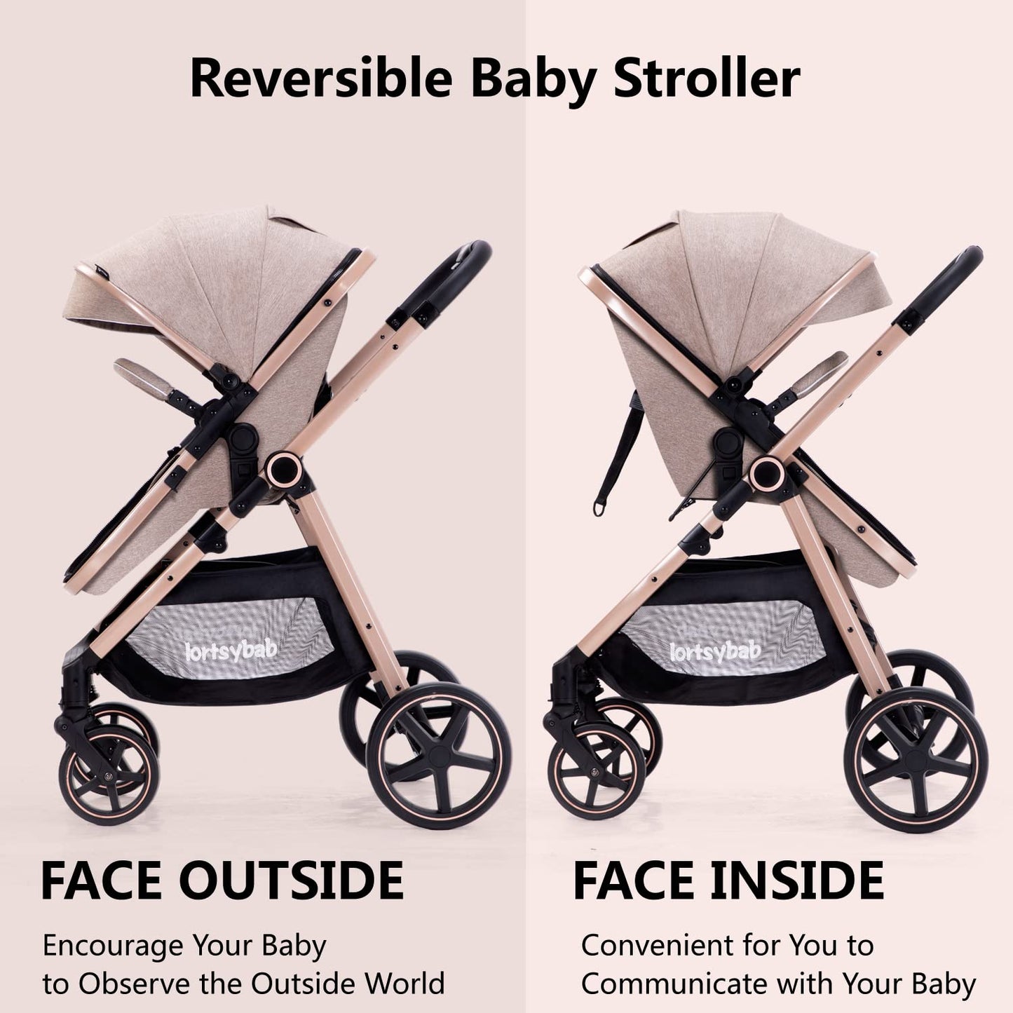2-in-1 Baby Stroller with Bassinet Mode - Folding Infant Newborn Pram Stroller with Reversible Seat - Toddler Strollers for 0-36 Months Old Babies (Beige)